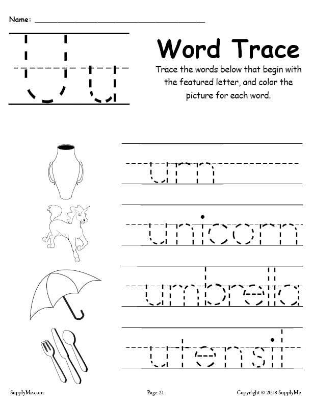 Letter U Words - Alphabet Tracing Worksheet