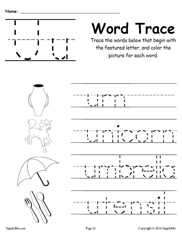 Letter U Words Alphabet Tracing Worksheet Supplyme