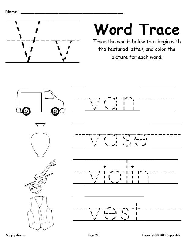 letter v words alphabet tracing worksheet supplyme