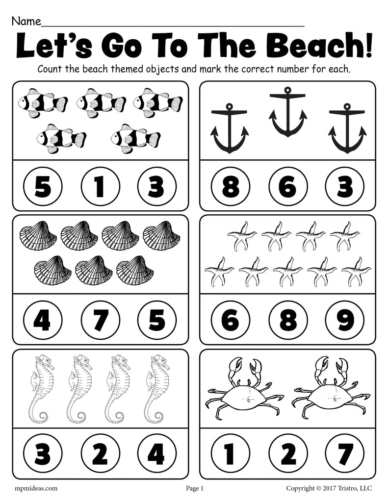 FREE Beach Themed Counting Worksheet!