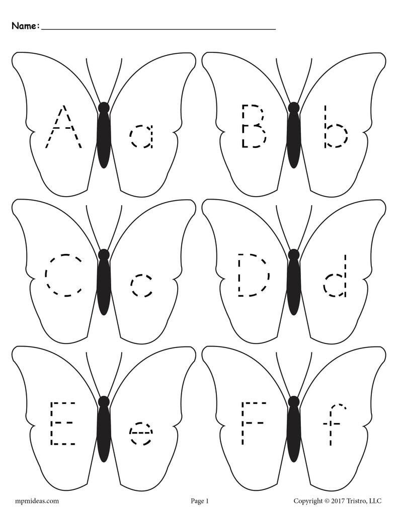 Butterflies Letter Tracing Worksheet - Uppercase and Lowercase Letters A, B, C, D, E, and F