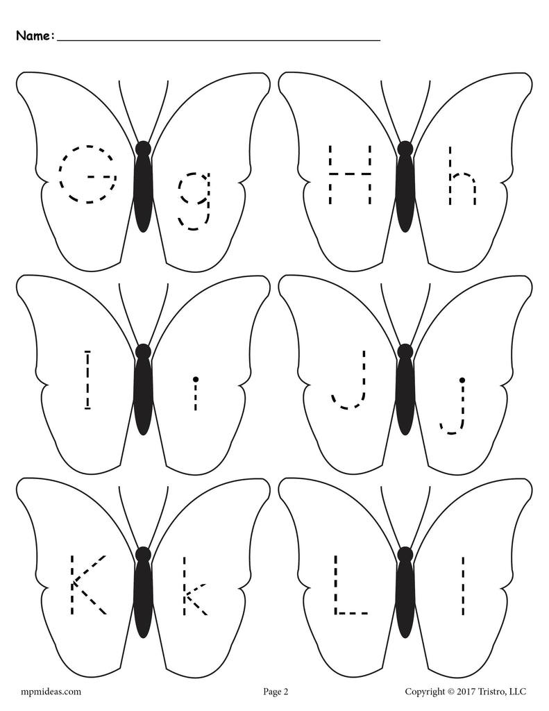 Butterflies Letter Tracing Worksheet - Uppercase and Lowercase Letters G, H, I, J, K, and L
