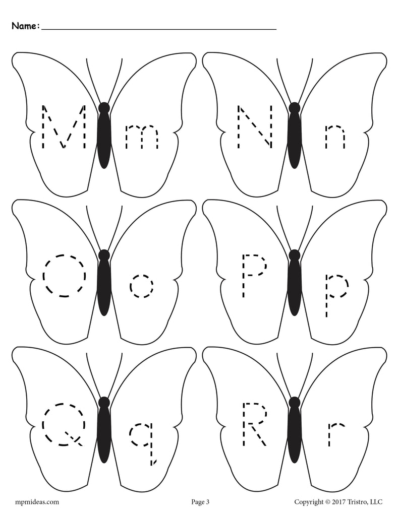 Butterflies Letter Tracing Worksheet - Uppercase and Lowercase Letters M, N, O, P, Q, and R