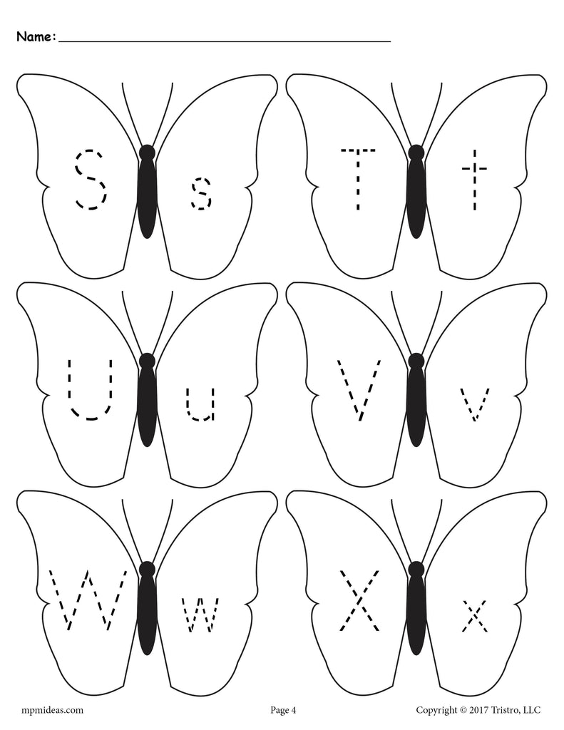 Butterflies Letter Tracing Worksheet - Uppercase and Lowercase Letters S, T, U, V, W, and X