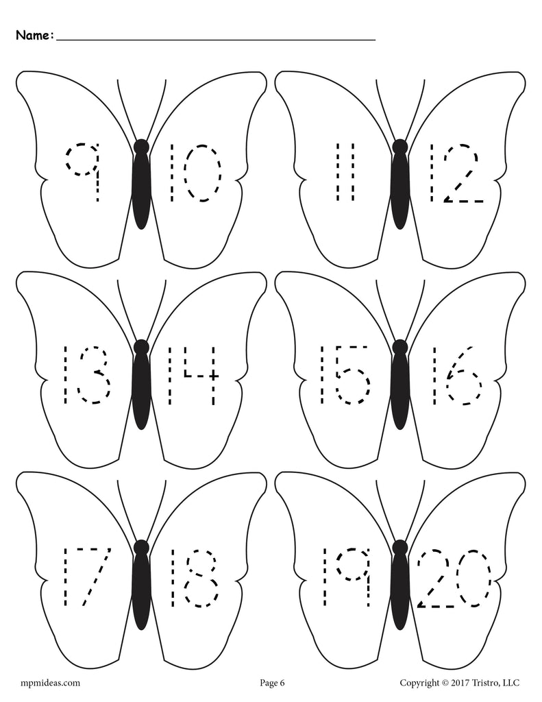 Butterflies Number Tracing Worksheet - Numbers 9-20