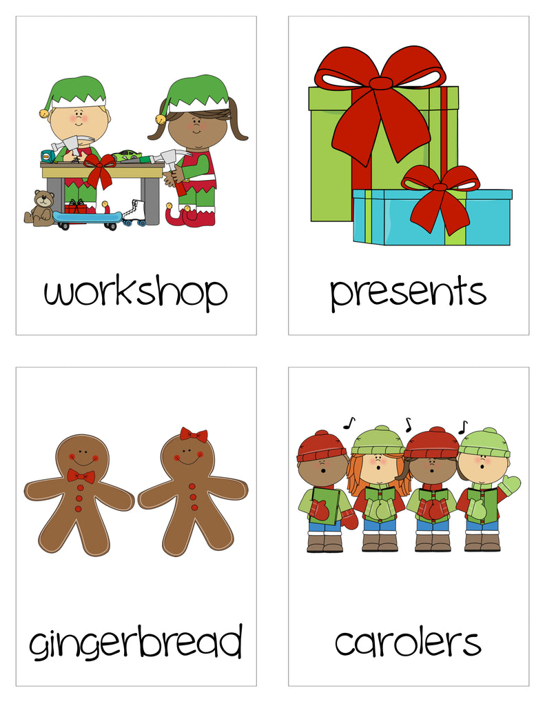 Christmas Vocabulary Word Cards - Workshop, Presents, Gingerbread, Carolers