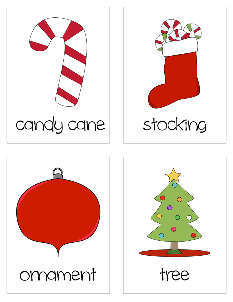 Christmas Vocabulary Word Cards - Candy Cane, Stocking, Ornament, Christmas Tree