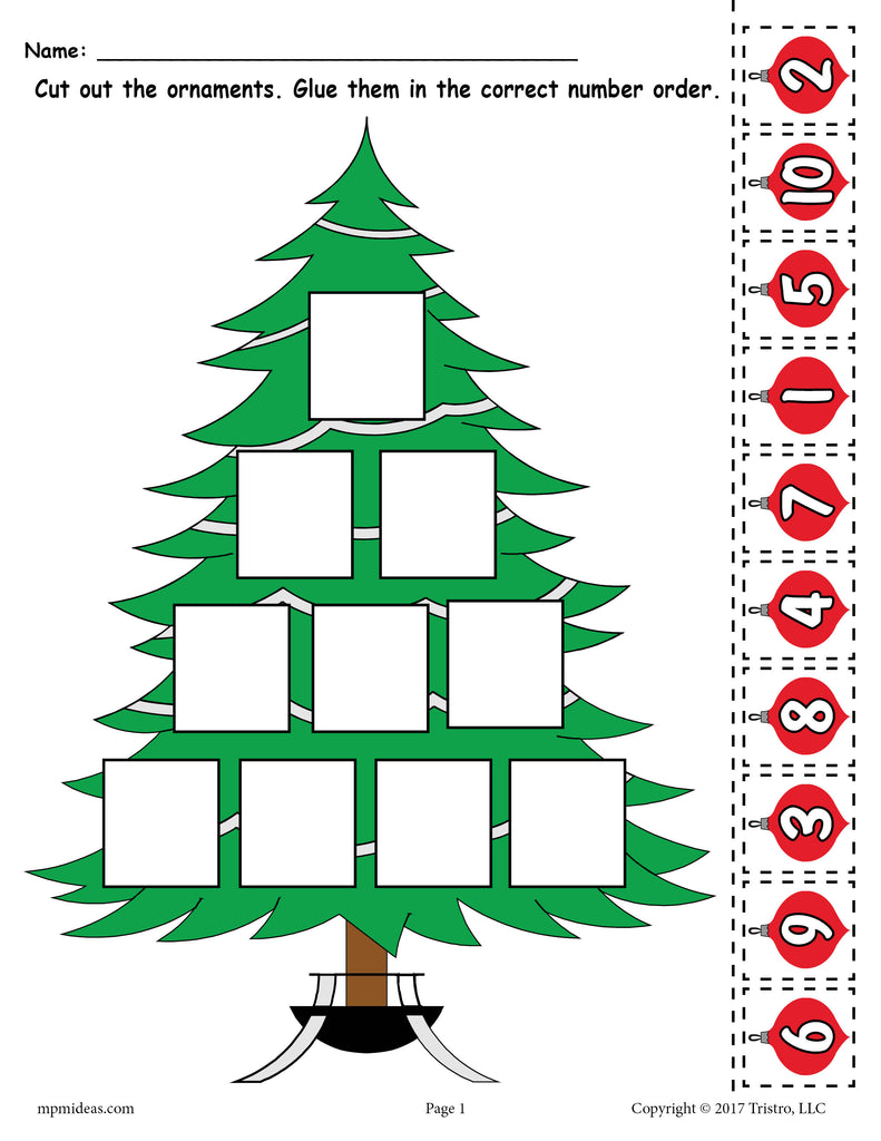 printable christmas tree ordering numbers worksheet numbers 1 10 supplyme