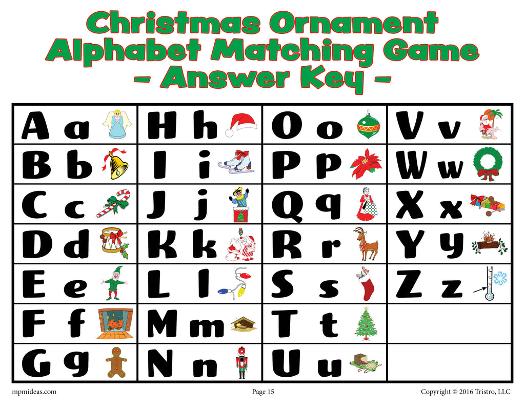 Christmas Ornaments Alphabet Letter Matching Game - Uppercase and Lowercase Letters - Answer Key
