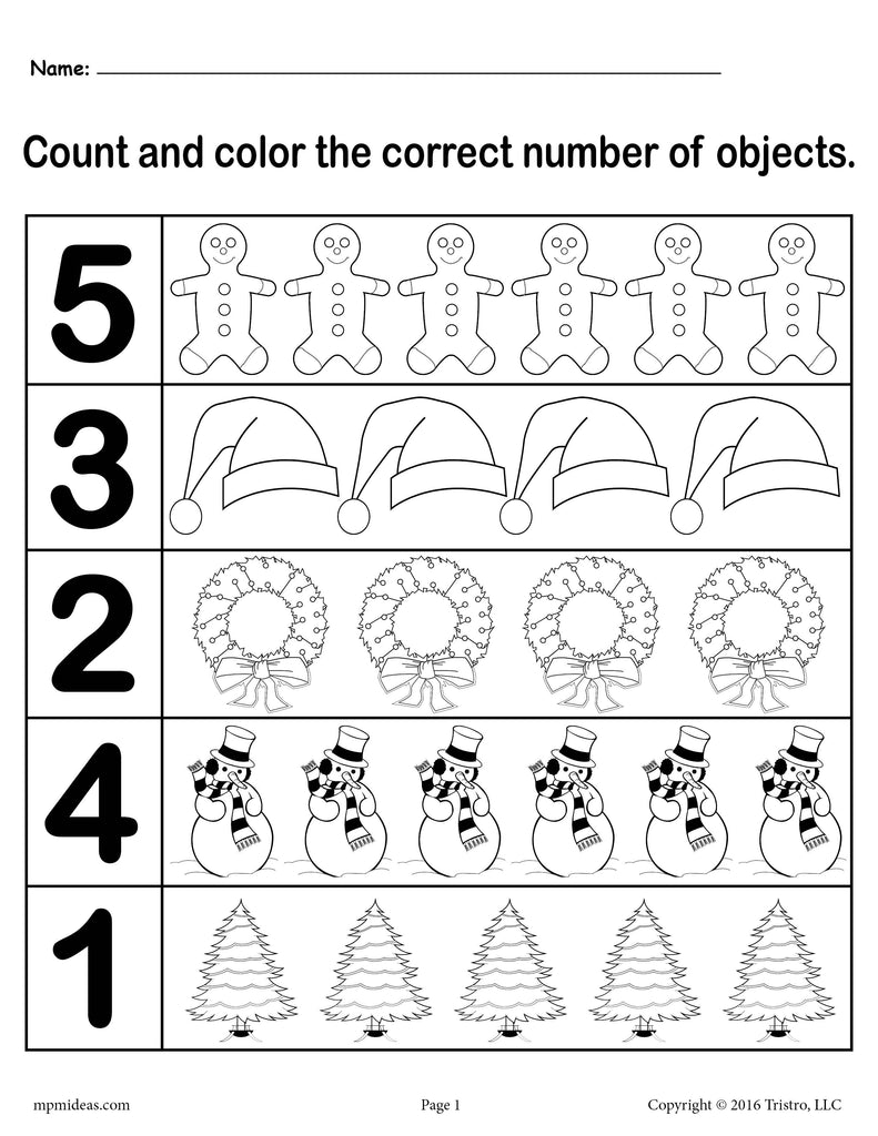 Christmas Themed "Count and Color" Worksheets (3 FREE Printable Versio