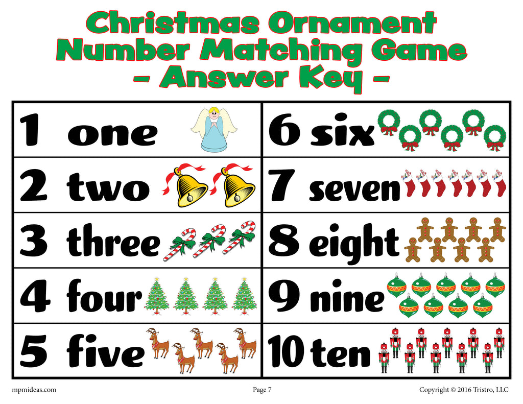 Christmas Ornaments Number Matching Game Numbers 1-10 - Answer Key