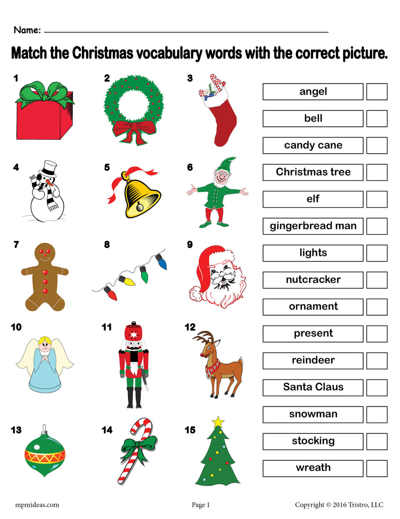 FREE Printable Christmas Vocabulary Matching Worksheet SupplyMe