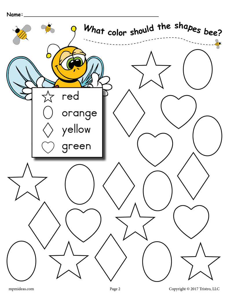 Bee Themed Shapes Worksheet: Stars, Ovals, Diamonds, Hearts