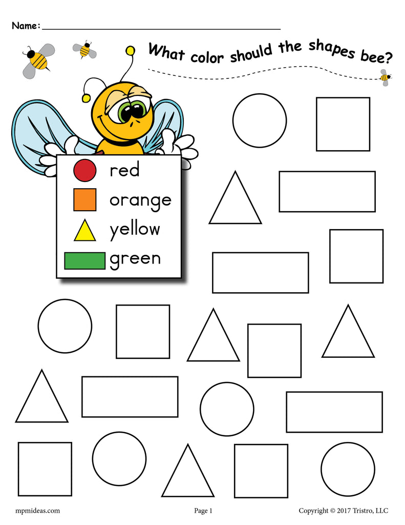 Preschool Shapes Worksheet With Color Coded Key: Circles, Squares, Triangles, Rectangles