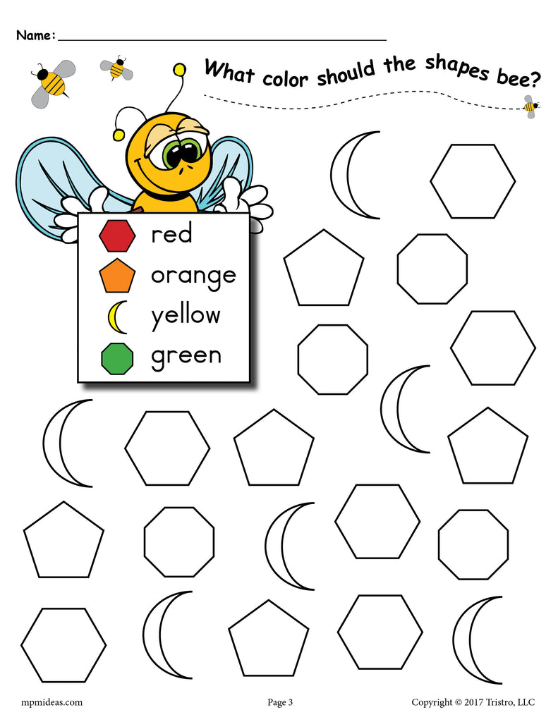 Preschool Shapes Worksheet With Color Coded Key: Hexagons, Pentagons, Crescents, Octagons
