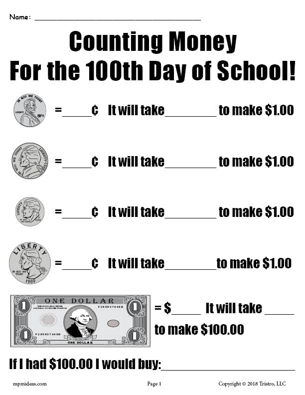 printable 100th day of school counting money worksheet supplyme