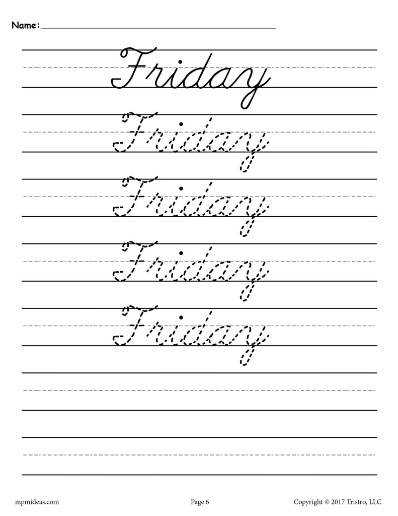 Days of the Week Cursive Handwriting Worksheets - Friday