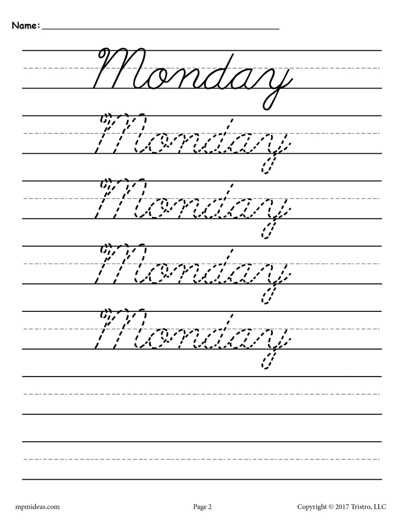 7 cursive handwriting worksheets days of the week supplyme