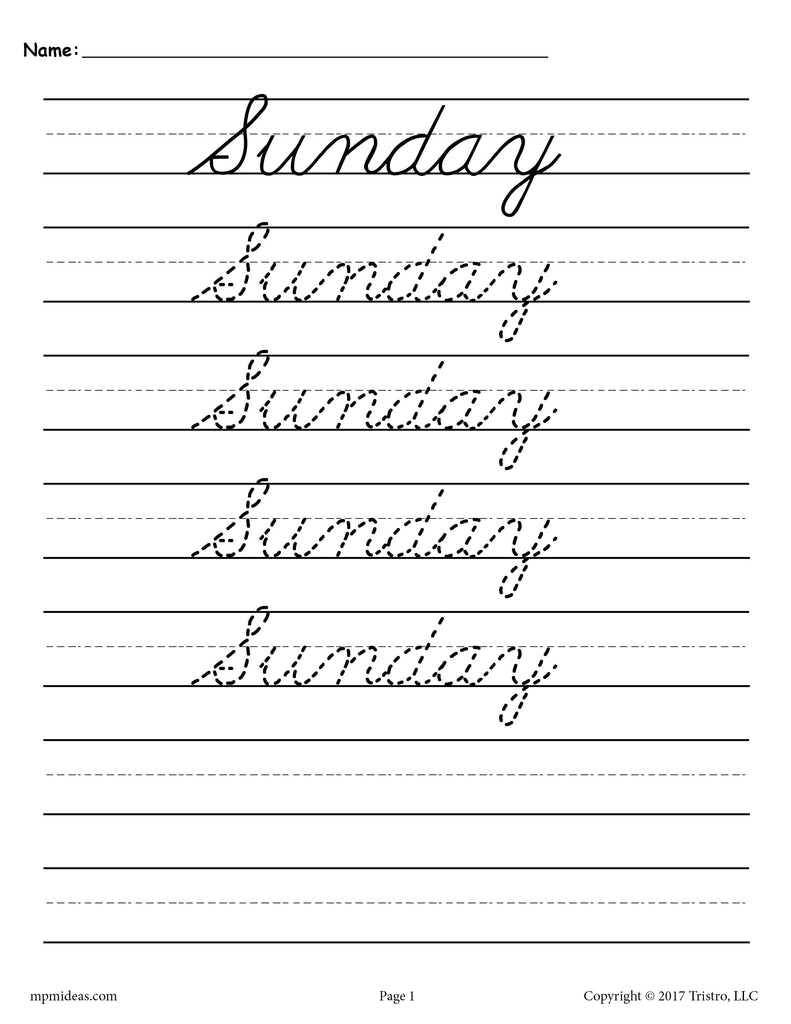 Days of the Week Cursive Handwriting Worksheets - Sunday!