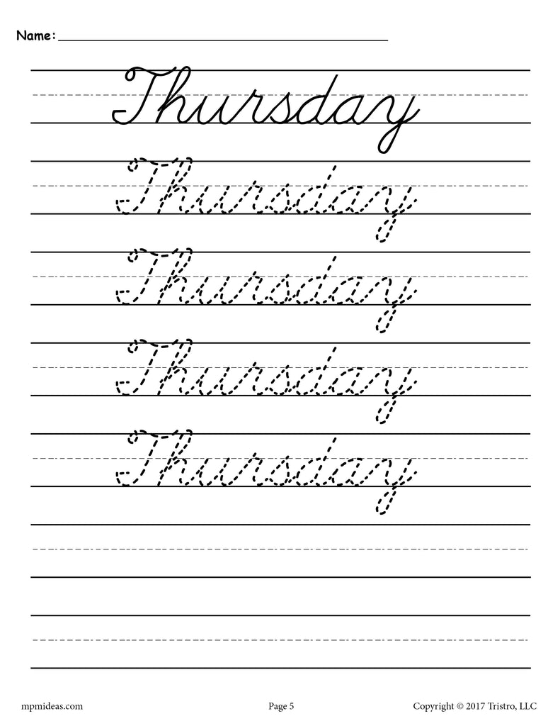 Days of the Week Cursive Handwriting Worksheets - Thursday