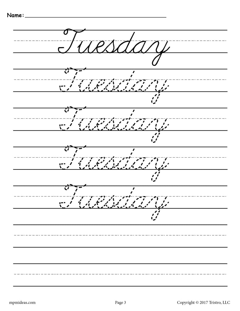 Days of the Week Cursive Handwriting Worksheets - Tuesday