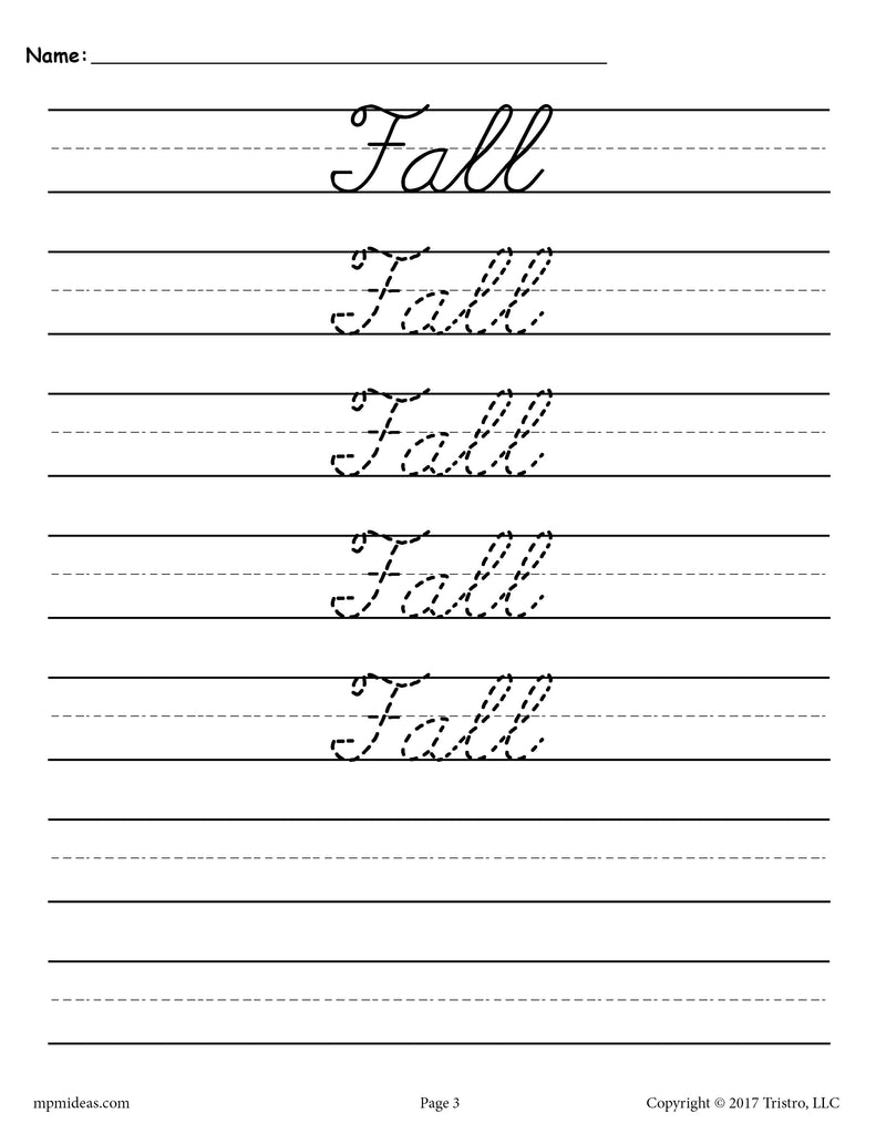 Fall Cursive Tracing & Handwriting Worksheet