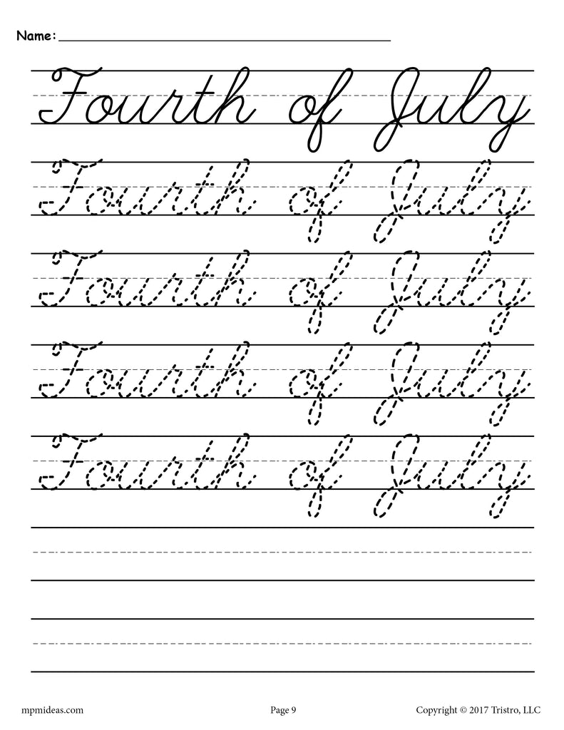 Fourth of July Cursive Tracing & Handwriting Worksheet