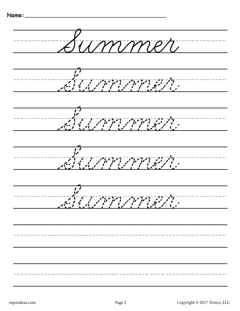 Summer Cursive Tracing & Handwriting Worksheet