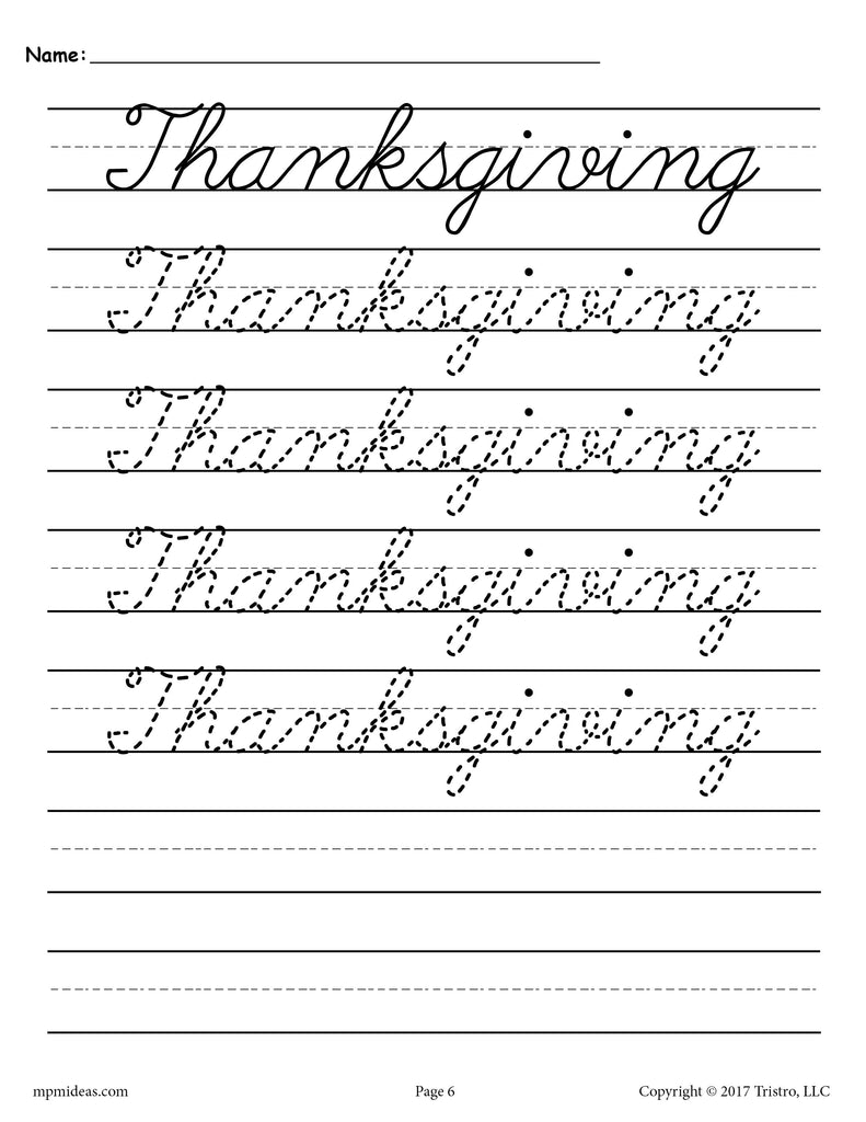 Thanksgiving Cursive Tracing & Handwriting Worksheet