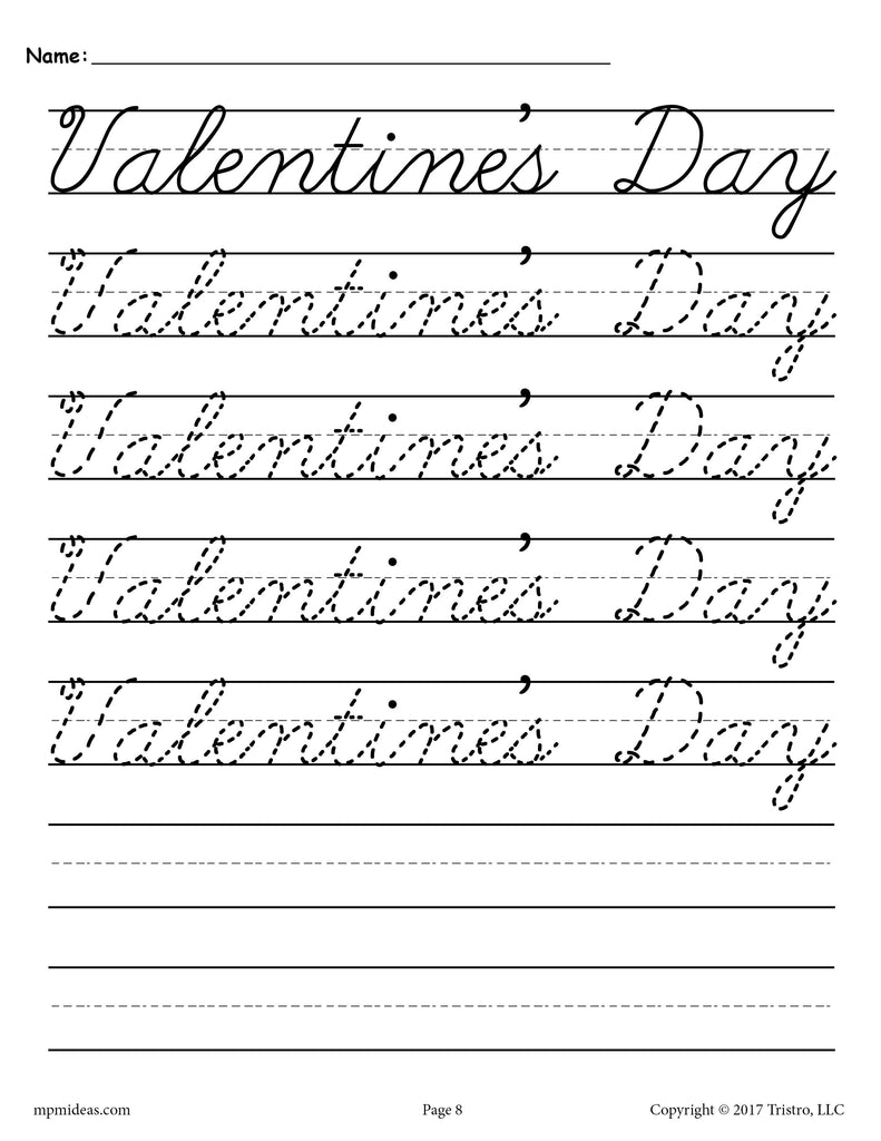 Valentine's Day Cursive Tracing & Handwriting Worksheet