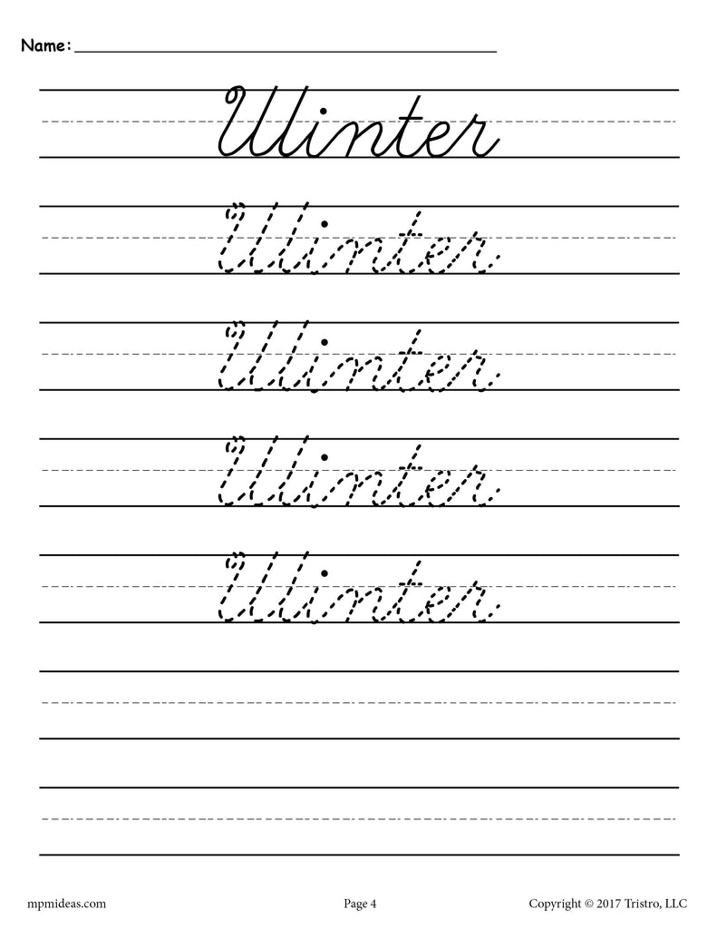 Winter Cursive Tracing & Handwriting Worksheet