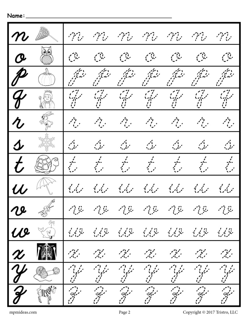 FREE Cursive  Letter Tracing Worksheets - Lowercase Letters n-z