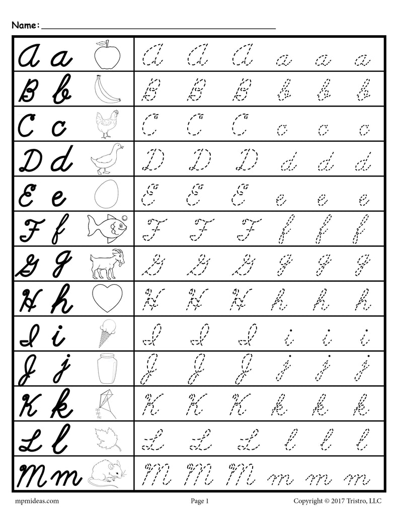 FREE Cursive Uppercase and Lowercase Letter Tracing Worksheets! Letters A-M