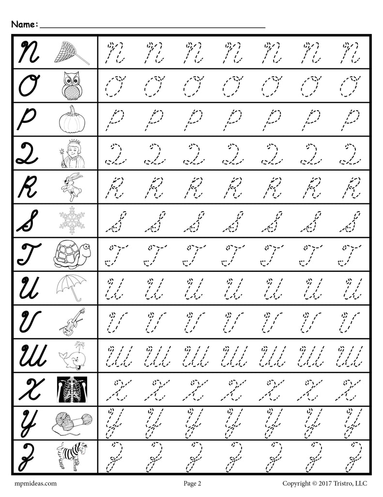 Cursive Letter Tracing Worksheets - Uppercase Letters N-Z