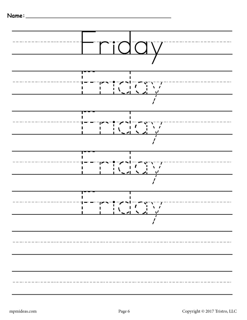 Days of the Week Handwriting Worksheets - Friday