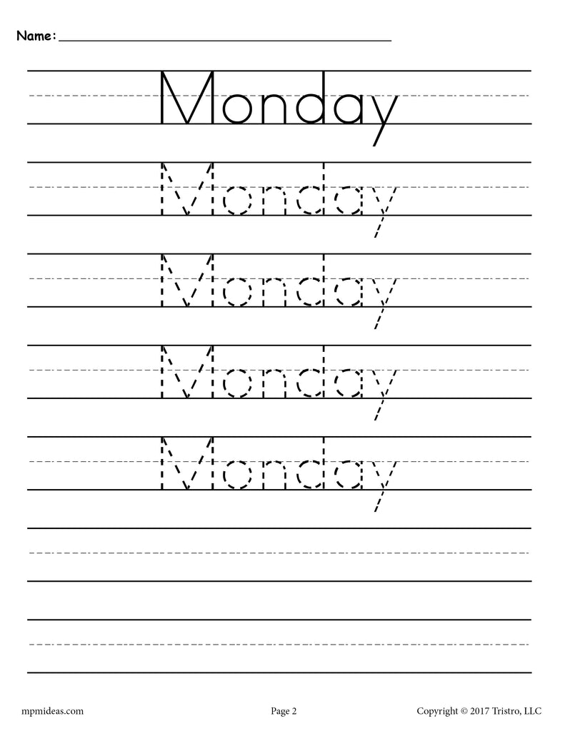 Days of the Week Handwriting Worksheets - Monday