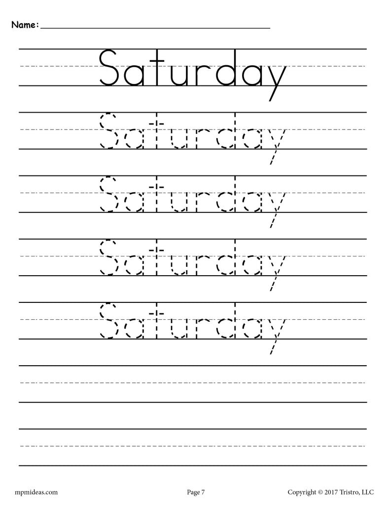 Days of the Week Handwriting Worksheets - Saturday