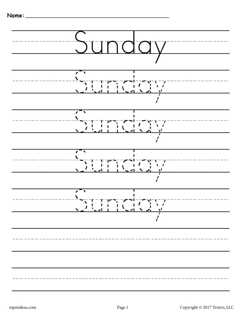 Days of the Week Handwriting Worksheets - Sunday!