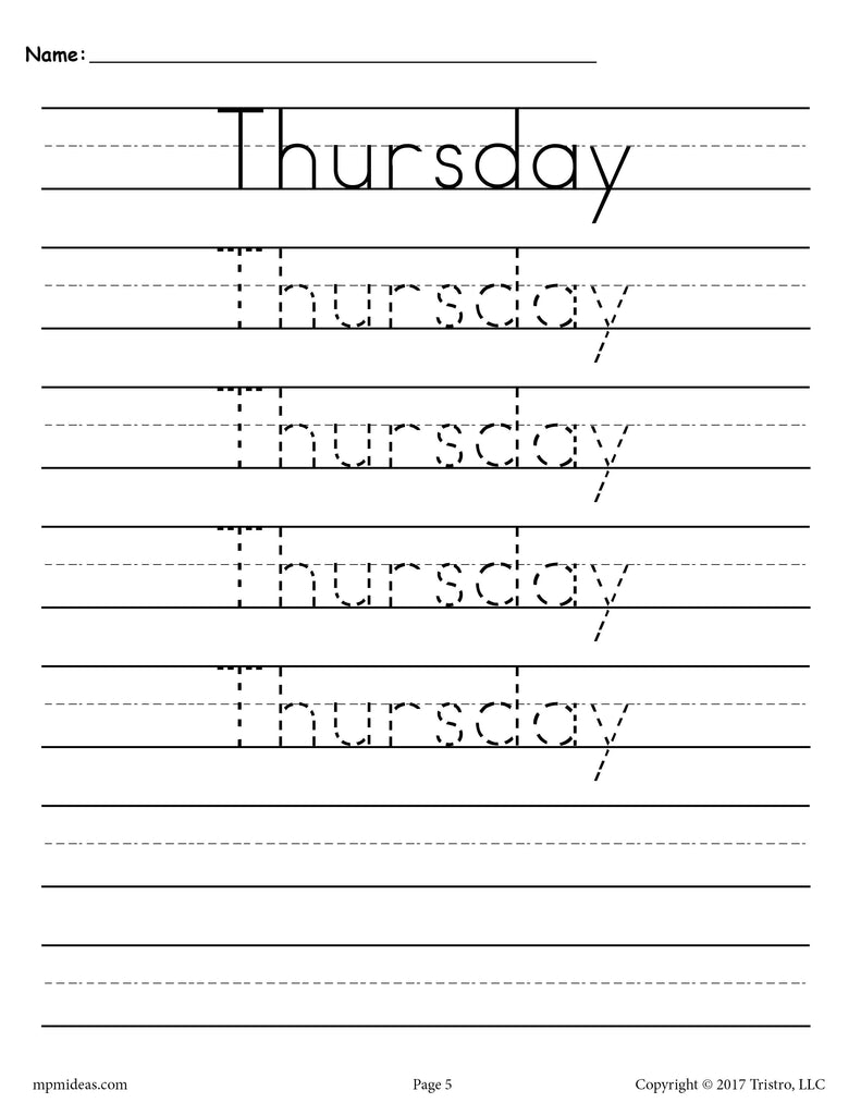 Days of the Week Handwriting Worksheets - Thursday