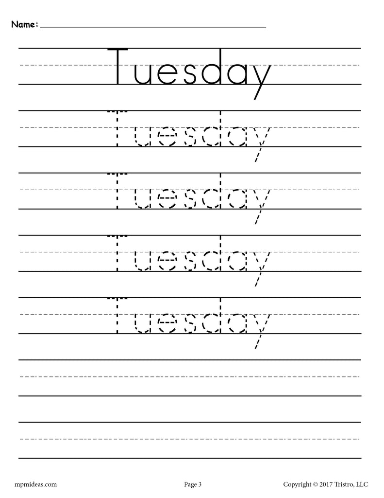 Days of the Week Handwriting Worksheets - Tuesday