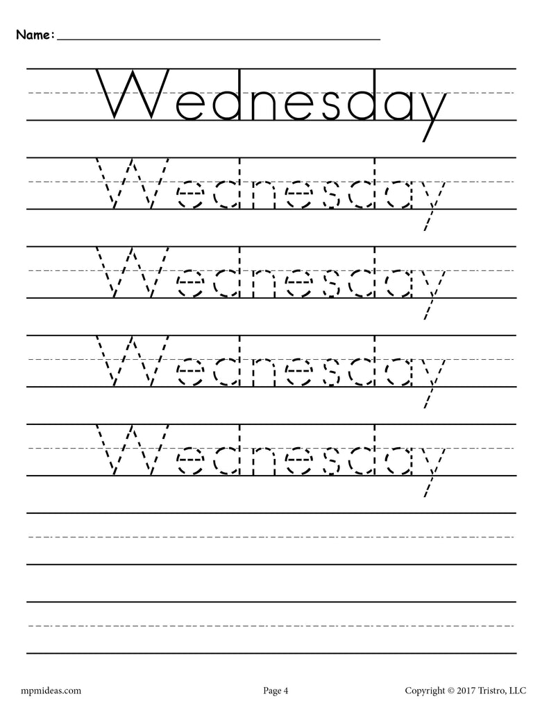 Days of the Week Handwriting Worksheets - Wednesday