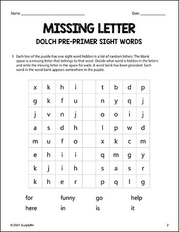 pre primer dolch sight words worksheets missing letter pre k supplyme