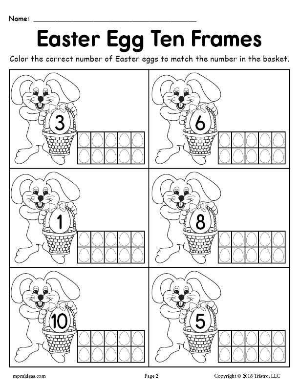 Easter Egg Ten Frames Worksheet - Numbers 3, 6, 1, 8, 10, 5