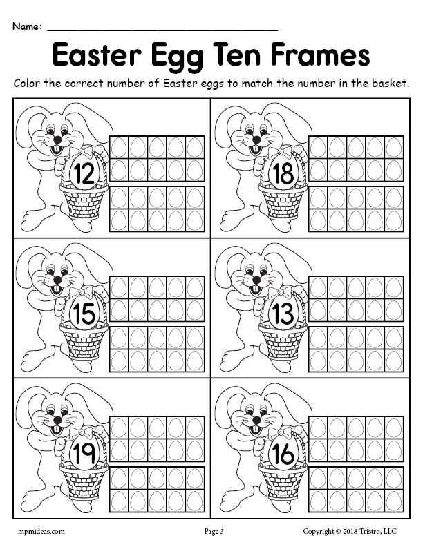 Easter Egg Ten Frames Worksheet - Numbers 12, 18, 15, 13, 19, 16