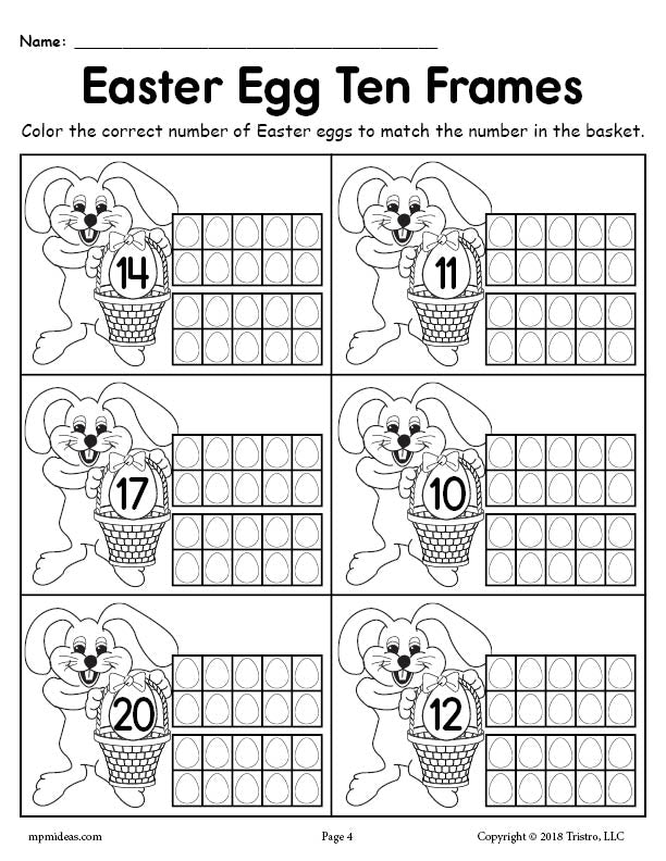 Easter Egg Ten Frames Worksheet - Numbers 14, 11, 17, 10, 20, 12