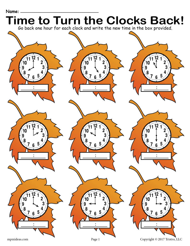 Fall Back! FREE Printable Fall Themed Telling Time Worksheet!