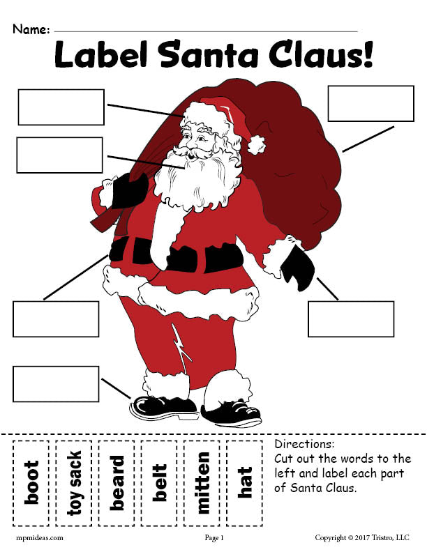 FREE Santa Claus Labeling Worksheets - Includes A Cut And Paste Worksheet & Writing Worksheet!