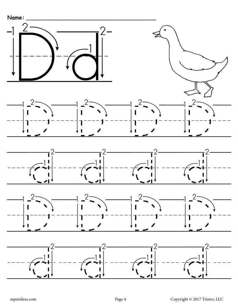 Printable Letter D Tracing Worksheet With Number and Arrow Guides ...