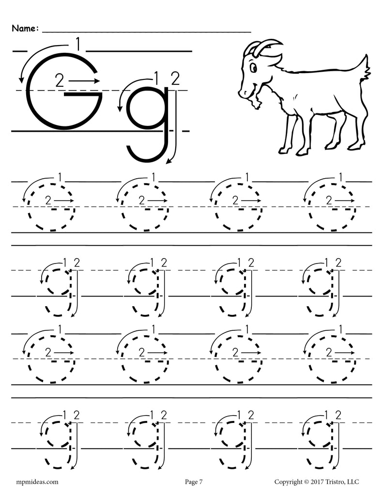 Printable Letter G Tracing Worksheet With Number And Arrow