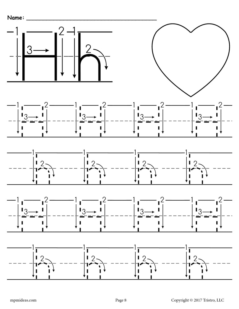 printable letter h tracing worksheet with number and arrow guides supplyme